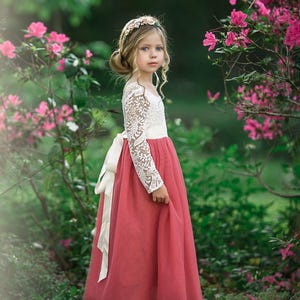 Elegant lace and tulle long sleeve flower girl dress for toddlers, girls, and junior bridesmaids, available in multiple colors for weddings and parties.