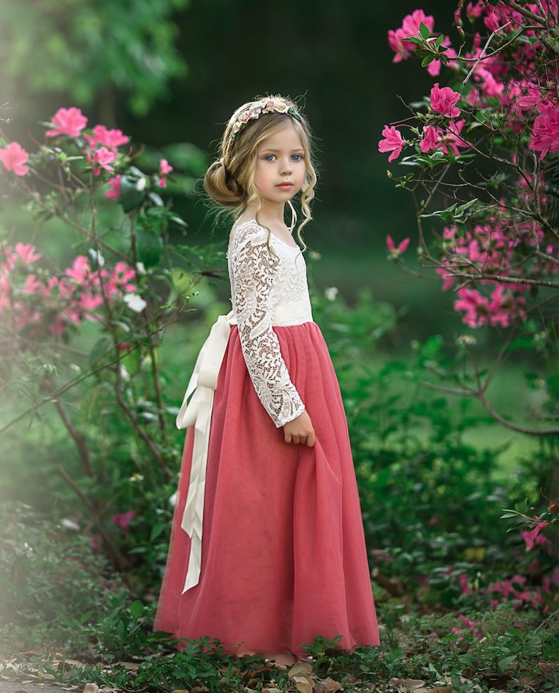 Elegant lace and tulle long sleeve flower girl dress for toddlers, girls, and junior bridesmaids, available in multiple colors for weddings and parties.