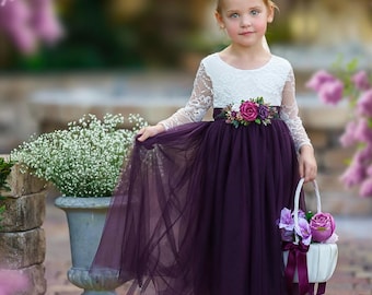Flower girl dress, tulle Flower Girl Dress, purple flower girl dress. rustic lace flower girl dress, boho flower girl dress, wedding dress