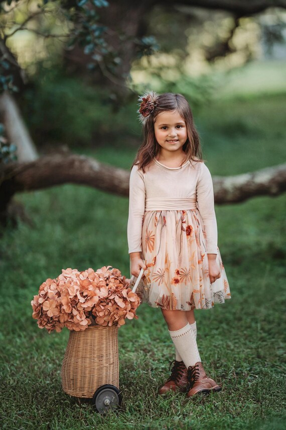 Champagne Velvet Flower Girl Dress, Blush Tulle Embroidered Dress, Girls Holiday Dress, Rustic Wedding Dress, Fall Birthday Outfit