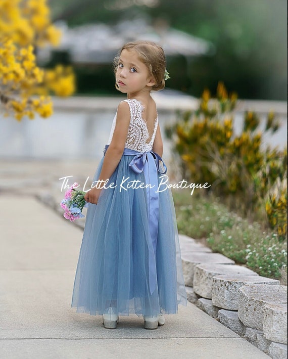 Ivory flower girl dress, tulle flower Girl dress, boho flower girl dress, Rustic lace flower girl dress, blue flower girl, toddler dress