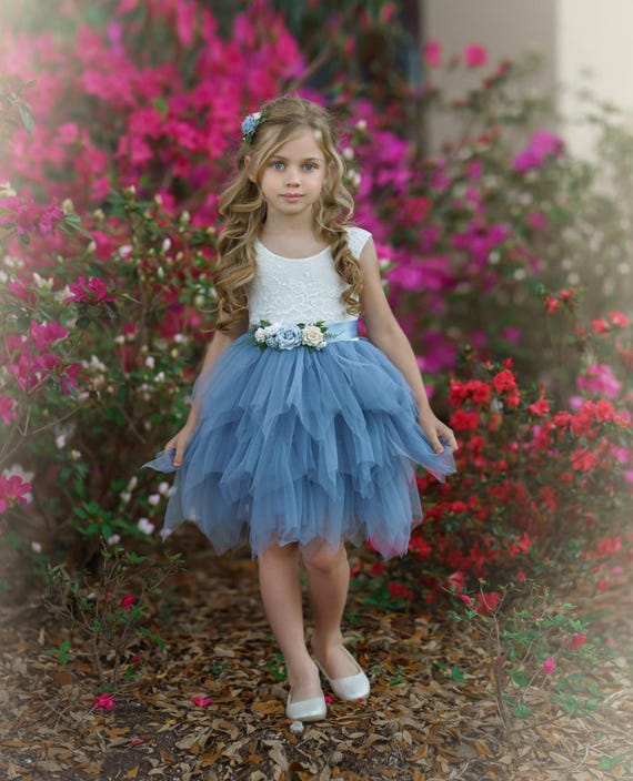 Tulle flower girl dress, lace flower girl dress, dusty blue flower girl dress, Boho flower girl dress, Wedding dress, bohemian flower girl