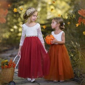 Charming Burnt Orange & Rust Flower Girl Dress - Lace Top, Red Tulle, Eyelash Trim | Boho Rustic Toddler Birthday Princess Party Dress