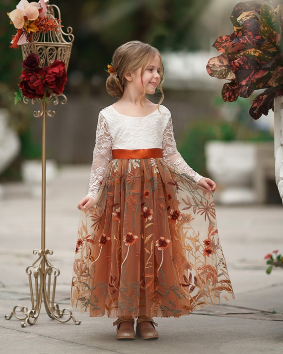 Floral Embroidered Fall Flower Girls Dress - Rustic Wedding - Boho Wedding - Long Sleeve Lace Girls Dress - Perfect Flower Girl Dresses