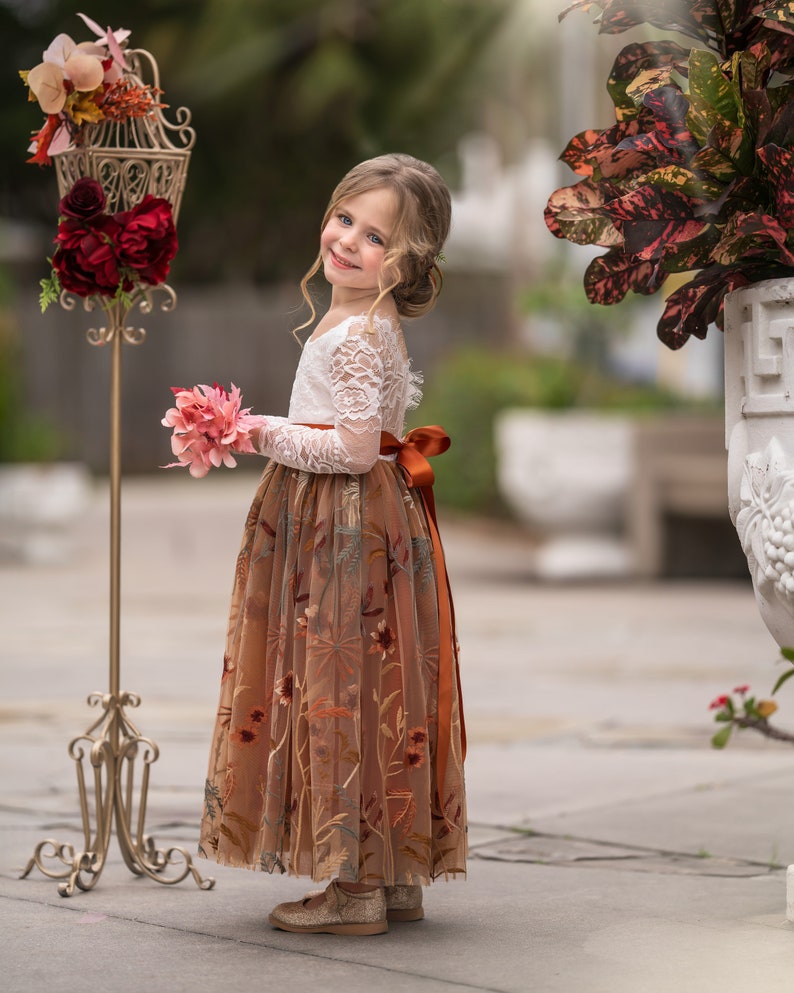 Burnt Orange tulle flower girl dress, Floral Flower Girl Dress, rustic lace flower girl dress, boho flower girl dress, flower girl dress image 2