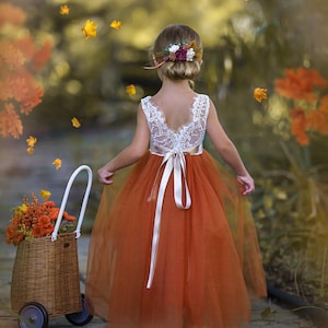 Burnt Orange Flower Girl Dress, Rust Flower Girl Dress, lace flower girl dress, Rustic flower girl dress, Boho Flower Girl Dress, Fall Dress