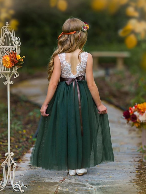 Olive Green Tulle Flower Girl Dress, Rustic Lace, Boho Wedding