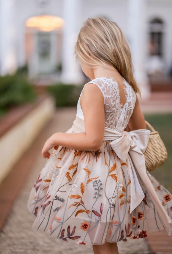 Champagne Embroidered Tulle Dress, White Lace Bodice, Boho Wedding Flower Girl Junior Bridesmaid