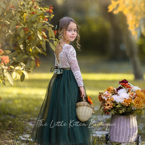 Olive Green tulle flower girl dress, Fall Flower Girl Dress, rustic lace flower girl dress, boho flower girl dress, flower girl dress, Dress