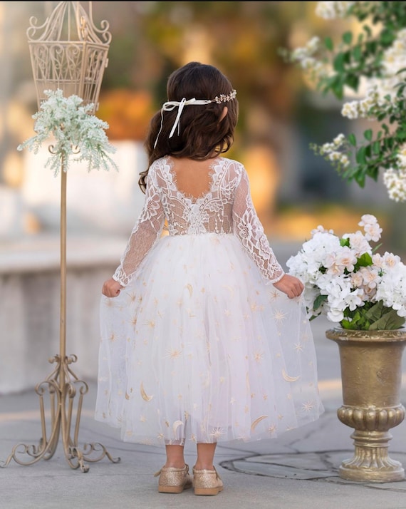 Long Sleeve White Lace and Off White Tulle Flower Girl Dress- Celestial Moon and Stars