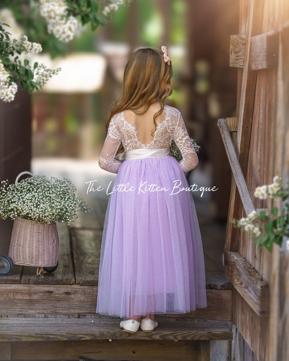 Lilac Purple Flower girl dress, tulle Flower Girl Dress, rustic lace flower girl dresses, boho flower girl dress, floral flower girl dress