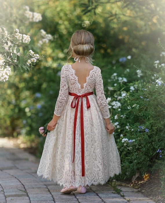 Bohemian Lace Flower Girl Dress, Long Sleeve Rustic Wedding
