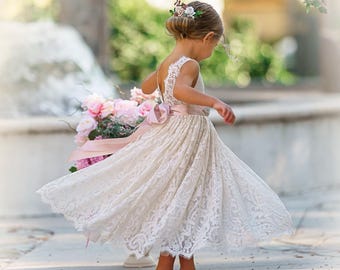 Bohemian flower girl dress, White lace flower girl dress, rustic flower girl dress, boho flower girl dress, Ivory Lace flower girl dresses