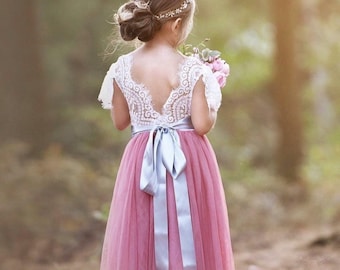 tulle flower girl dress, lace flower girl dress, flower girl dress, boho flower girl dress, rustic flower girl dress, Navy flower girl dress