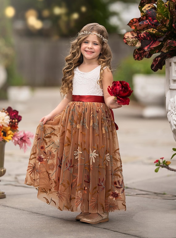 Burnt Orange Floral Tulle Flower Girl Dress – Lace Bodice, Boho Fall Wedding Dress, Rustic Autumn Flower Girl Gown