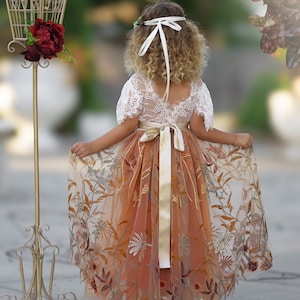 Burnt Orange tulle flower girl dress, Floral Flower Girl Dress, rustic lace flower girl dress, boho wedding dress, girls dress, fall dress image 2