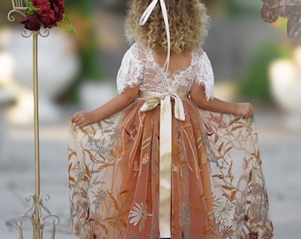 Burnt Orange tulle flower girl dress, Floral Flower Girl Dress, rustic lace flower girl dress, boho wedding dress, girls dress, fall dress