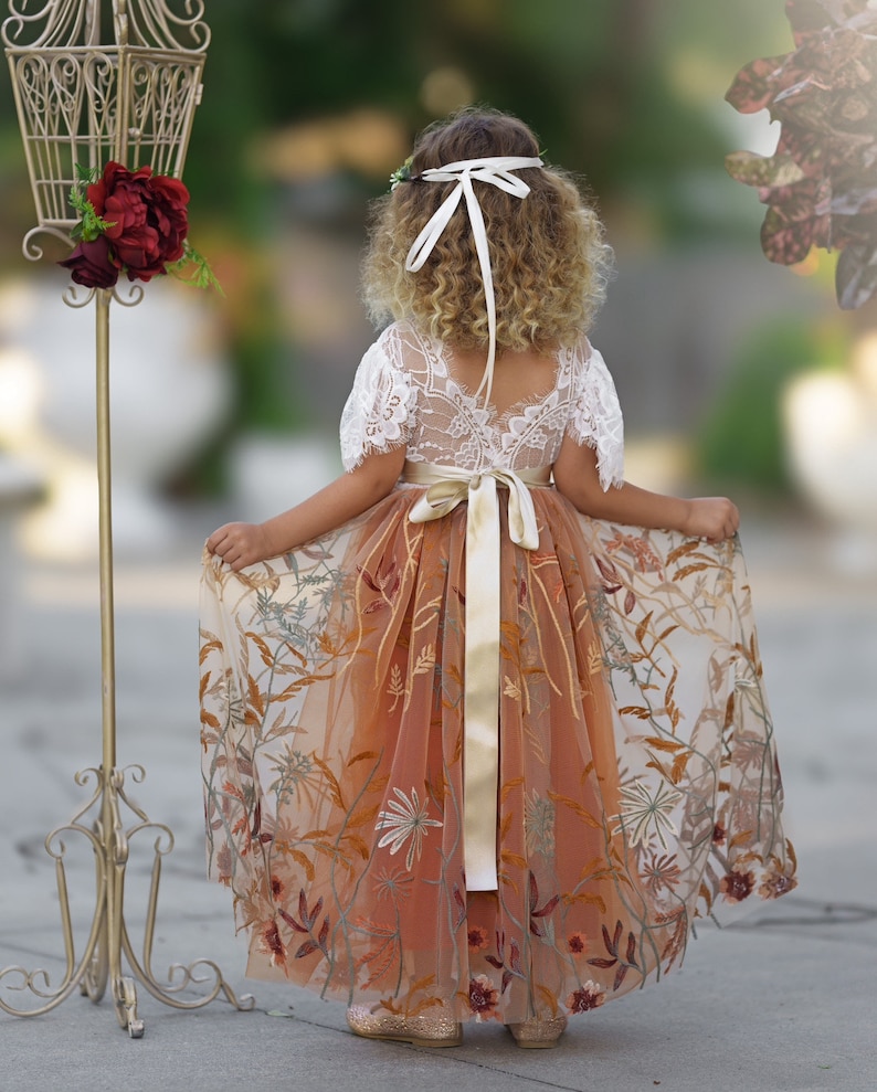Burnt Orange tulle flower girl dress, Floral Flower Girl Dress, rustic lace flower girl dress, boho wedding dress, girls dress, fall dress image 2