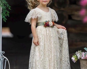 Abito da damigella d'onore boho, abito da ragazza, abiti da ragazza, abito da damigella d'onore in pizzo bianco, abito da damigella d'onore rustico, abito da damigella d'onore boho color salvia