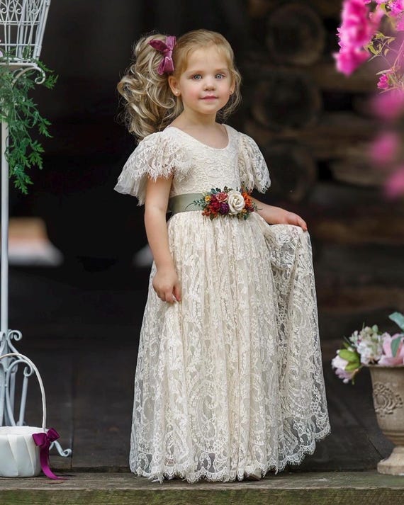 Bohemian flower girl dress, Girls Dress, girls Dresses, White lace flower girl dress, rustic flower girl dress, sage boho flower girl dress