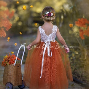 Sleeveless burnt orange lace and tulle girls flower girl dress, perfect for that fall wedding. Our dresses are made of bridal grade tulle and soft white stretchy lace. Perfect for that boho wedding, halloween weddings, fall wedding dress