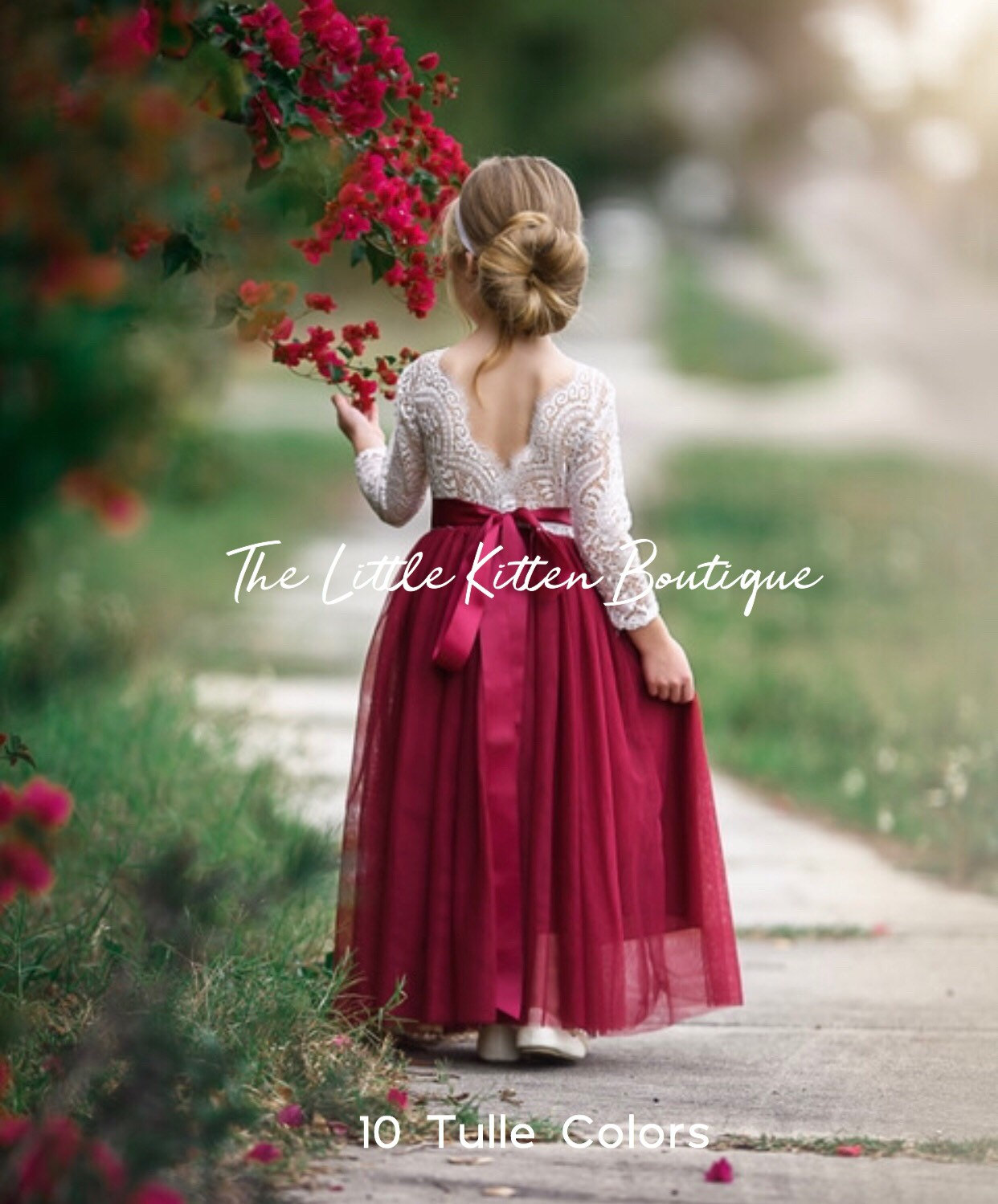 White Flower Girl Dresses with Dark Burgundy Sash