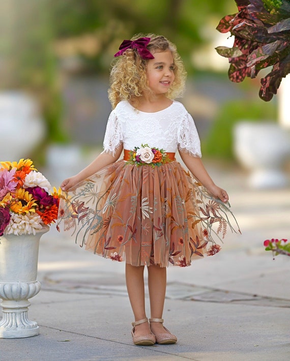 Burnt Orange tulle flower girl dress, Floral Flower Girl Dress, rustic lace flower girl dress, boho flower girl dress, flower girl dress