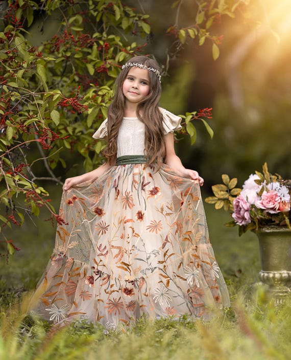 【CARAMEL】COLIMA GIRL DRESS CREAM FLORAL Burnt Orange and Champagne Floral Embroidered Tulle and Velvet