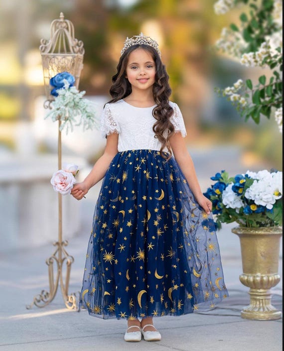 Navy Blue Celestial Stars and Moon Flower Girl Dress, Special Occassion Girls Dresses, Toddler Girls Dress, Junior Bridesmaids Dresses