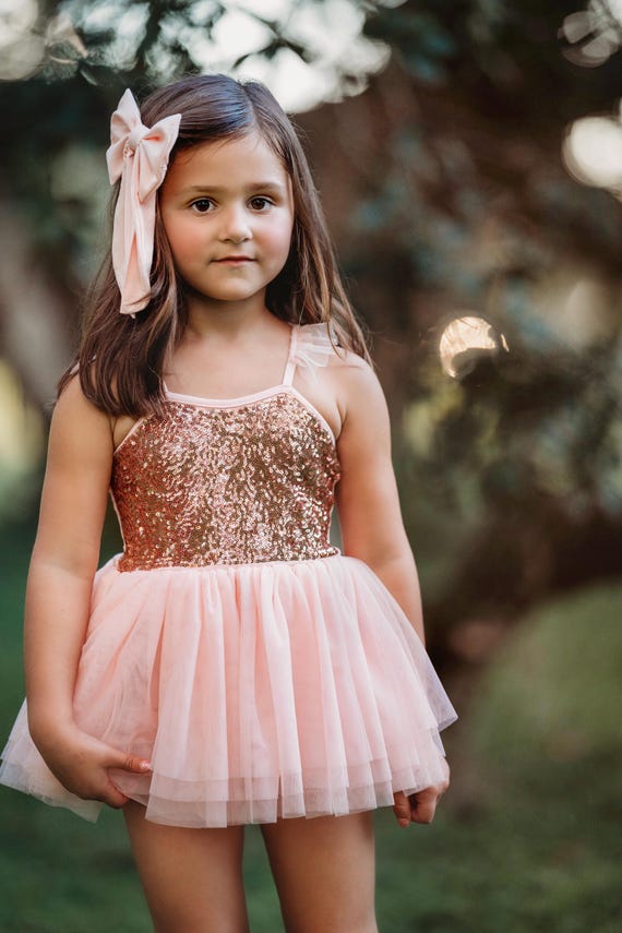 Rose Gold Sequin Tutu Dress Bodysuit | Baby Girl Ballet Outfit | Toddler Birthday Dress | Blush Tulle Leotard | Photoshoot & Party Dress