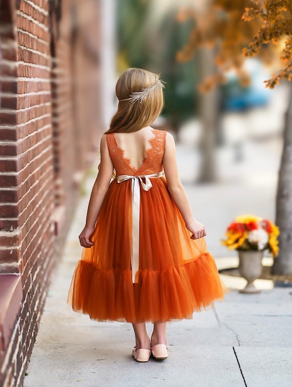 Burnt Orange Flower Girl Dress, Sleeveless Flower Girl Dress, lace flower girl dress, Rustic flower girl dress, Boho Flower Girl Dress