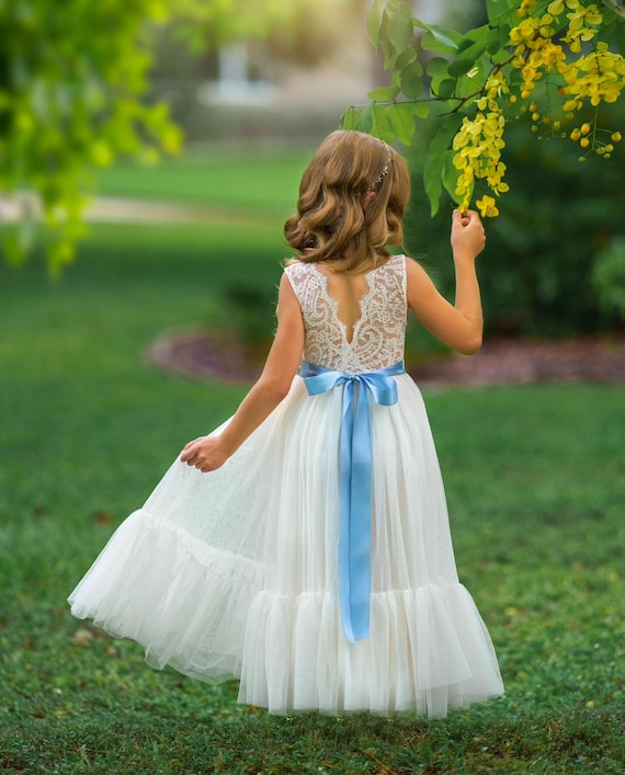 Sleeveless Ivory Lace Flower Girl Dress, Boho Style Tulle Dress, Wedding Flower Girl Dress, Toddler Girl Dress