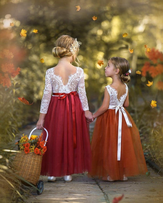 Long Sleeve Burnt Orange & Rust Flower Girl Dress for Fall Wedding, Best Toddler Flower Girl Dress, Boho Girls Lace Dress, Tulle Girls Dress