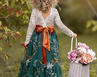 Hunter Green tulle flower girl dress, Floral Flower Girl Dress, lace flower girl dress, boho flower girl dress, flower girl dress wedding