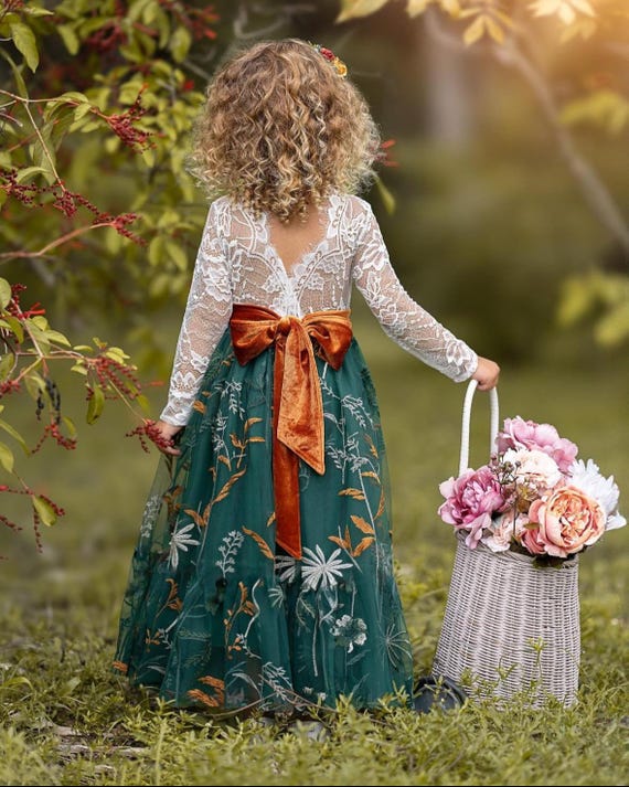 Hunter Green tulle flower girl dress, Floral Flower Girl Dress, lace flower girl dress, boho flower girl dress, flower girl dress wedding