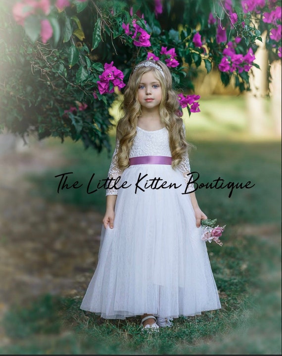 Tulle flower girl dress, lace flower girl dresses, first communion dress, flower girl dress, ivory flower girl dress, white Baptism Dress,