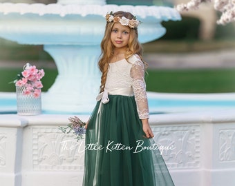 Tulle Flower Girl Dress, Forest Green Flower Girl Dress, Mauve Flower Girl Dress, Rustic lace flower girl dress, Boho Flower Girl Dress