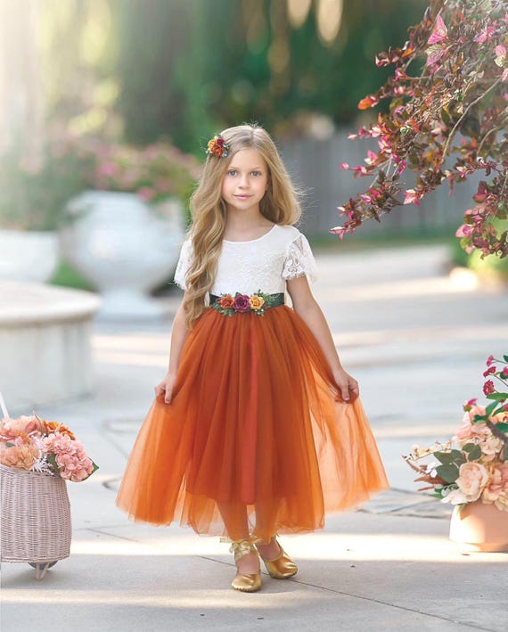 Boho Flower Girl Dress – Lace & Burnt Orange Tulle, Rustic Fall Wedding