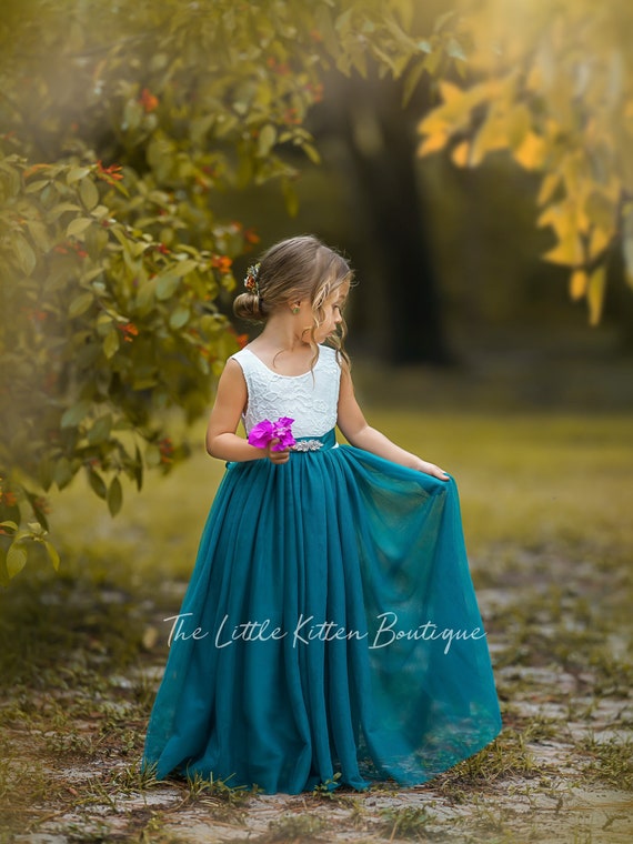 Flower Girl Dress- Sleeveless White Lace  with Teal Blue/Green Tulle - boho Wedding - Perfect for toddler flower girl or junior bridesmaid