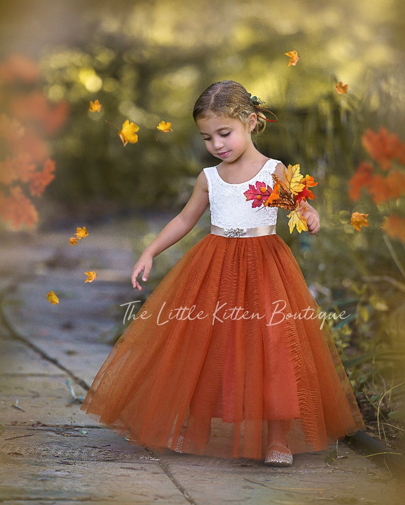 Sleeveless, Lace and Tulle Floral Burnt Orange Flower Girl Dress for Boho Fall Weddings. Perfect Princess Dress for Toddlers and Girls. Elegant and stylish for special occasions. Great for girls holiday dress or family photo shoots as well.