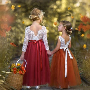 Lace and Tulle Burnt Orange & Rust Flower Girl Dress - Princess Dress for Rustic Boho Weddings, Toddler Birthday Dress, Girls Party Dress