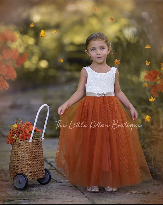 Burnt Orange Flower Girl Dress, Tulle Lace Boho Style, Toddler Girls Dress, Sleeveless Party Dress, Wedding Dress