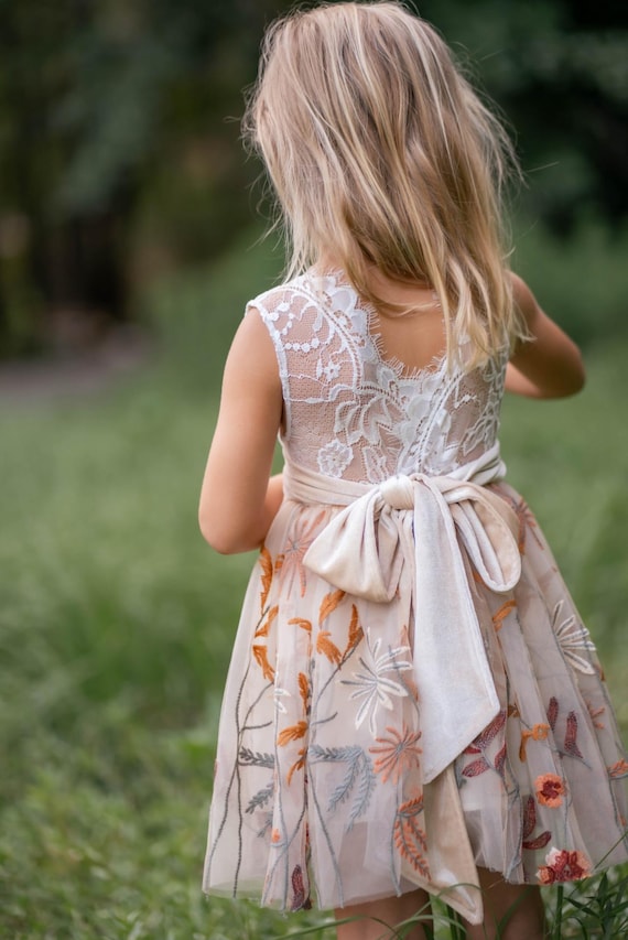 Champagne Embroidered Tulle Dress, White Lace Bodice, Boho Wedding Flower Girl Junior Bridesmaid
