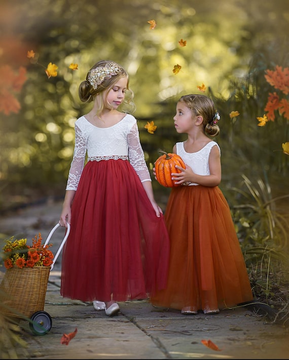 Charming Burnt Orange & Rust Flower Girl Dress - Lace Top, Red Tulle, Eyelash Trim | Boho Rustic Toddler Birthday Princess Party Dress