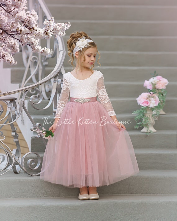 Tulle Flower Girl Dress, Rustic Lace Flower girl dress, girls dresses, boho flower girl dress, long sleeve flower girl dress, wedding dress