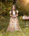 Burnt Orange and Champagne Floral Embroidered Tulle and Velvet flower girl dress, Floral Flower Girl Dress, Floral  boho Wedding Dress,