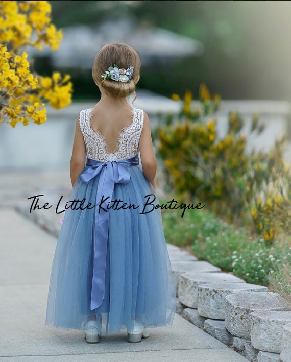 The Perfect Lace & Tulle Sleeveless Flower Girl Dress- Assorted Colors: Dusty Blue, Sage Green, White, Ivory, Dusty Rose, Great for Weddings