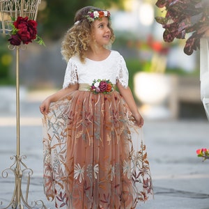 Burnt Orange tulle flower girl dress, Floral Flower Girl Dress, rustic lace flower girl dress, boho wedding dress, girls dress, fall dress image 4