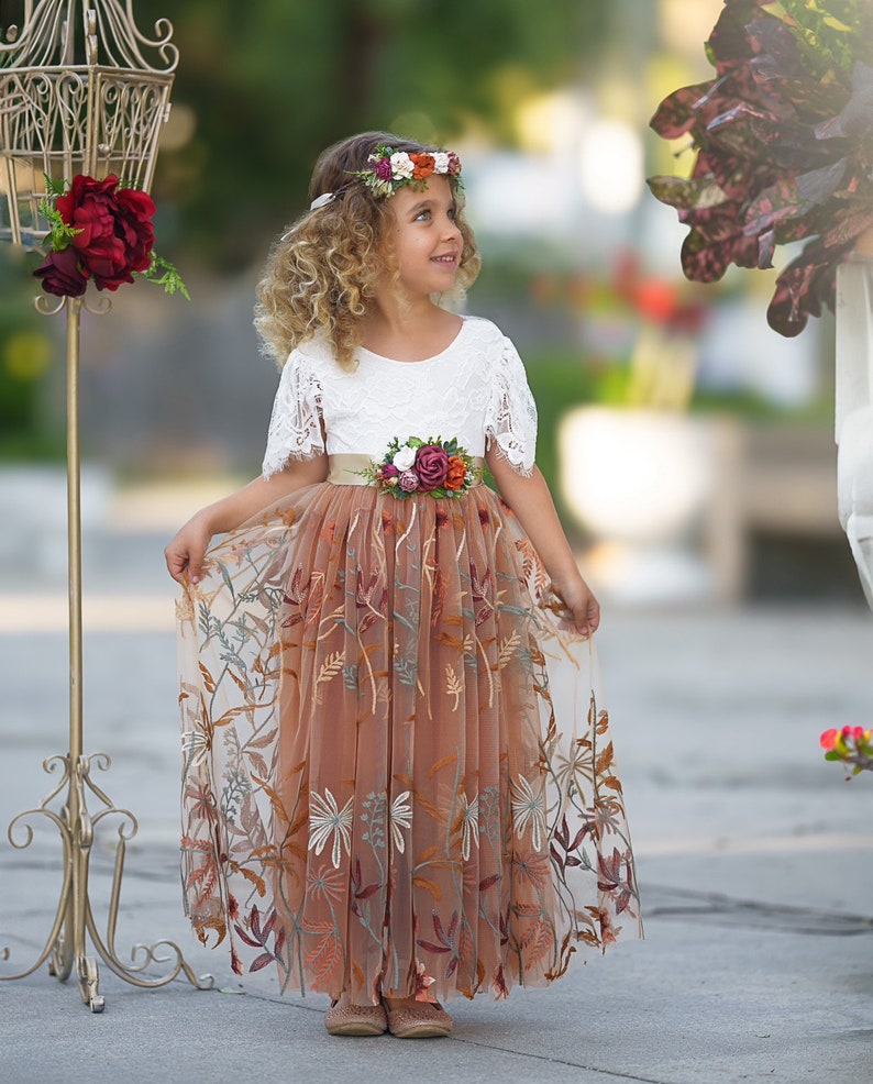 Burnt Orange tulle flower girl dress, Floral Flower Girl Dress, rustic lace flower girl dress, boho wedding dress, girls dress, fall dress image 4