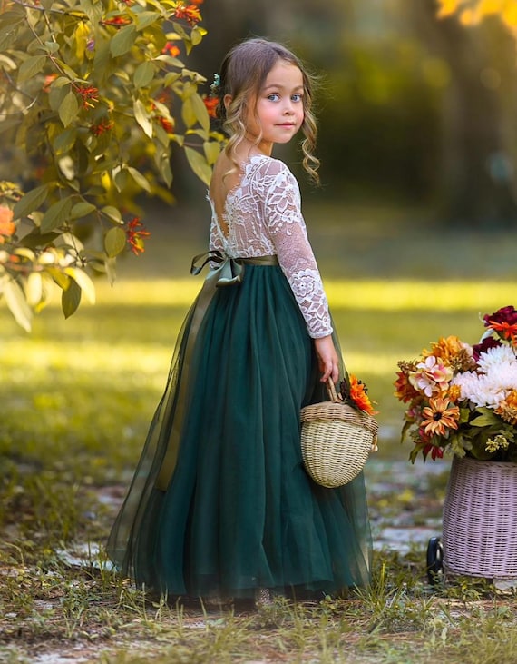 Olive Green tulle flower girl dress, Fall Flower Girl Dress, rustic lace flower girl dress, boho flower girl dress, flower girl dress, Dress